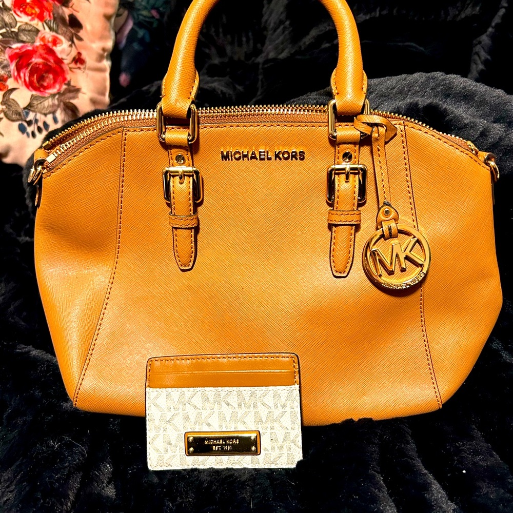 Tan leather purse w/ hand bag & with mini wallet.